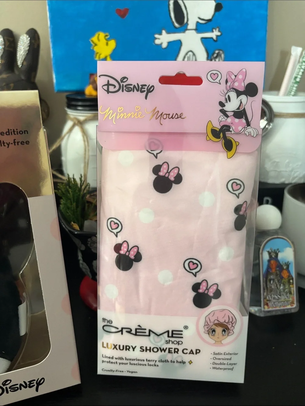 Disney Minnie Mouse Pink Plush Sleep Mask and Pink Shower Cap Set